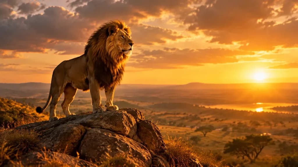 Lion on Savanna Outcrop at Sunset