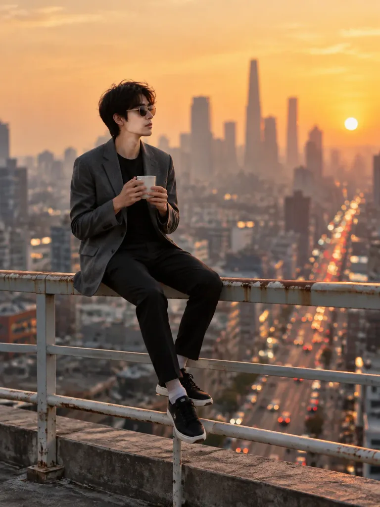 Urban Rooftop Sunset Editorial Portrait