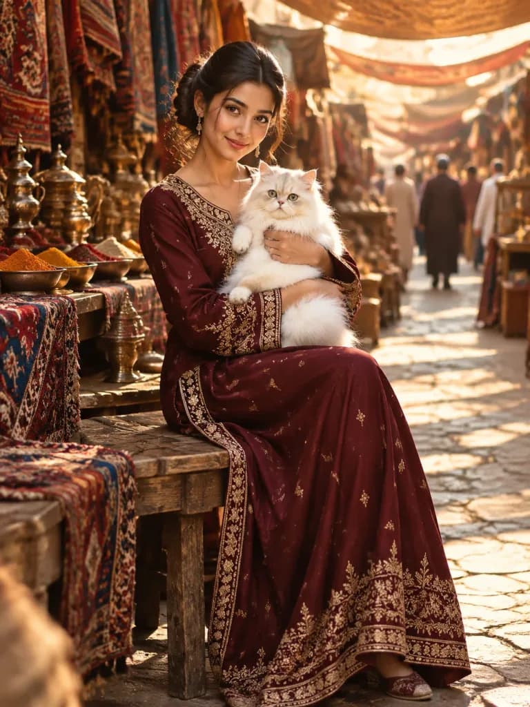 South Asian Woman with Cat in Bazaar