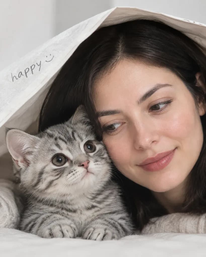 Woman and Kitten Under Paper Sheet