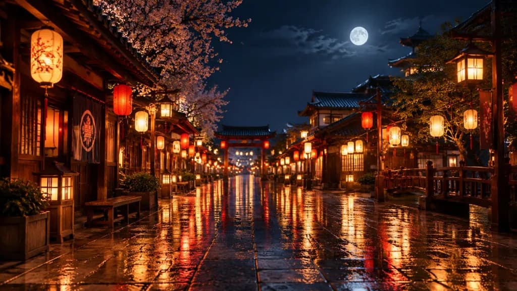 Empty Festival Street with Paper Lanterns