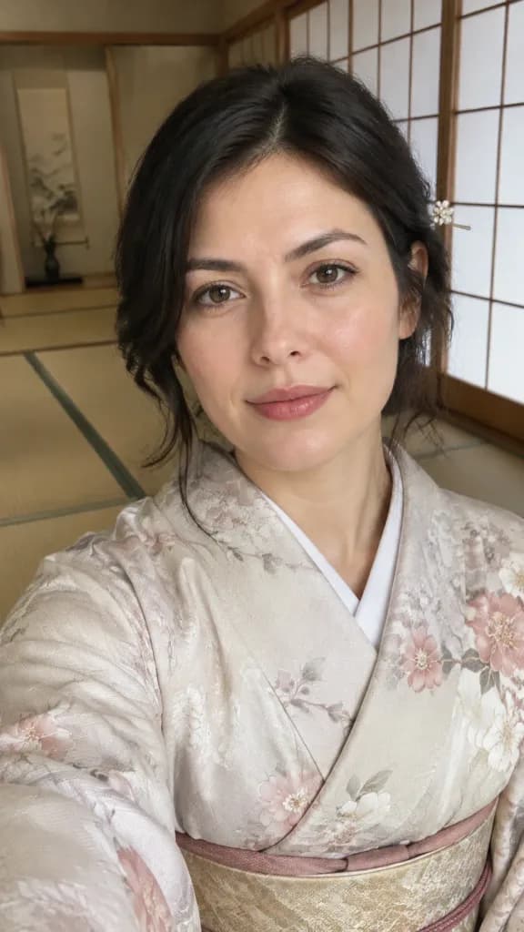 和室での着物セルフィーポートレート