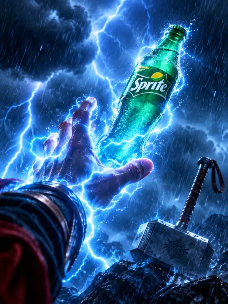Рука Тора с парящей бутылкой Sprite