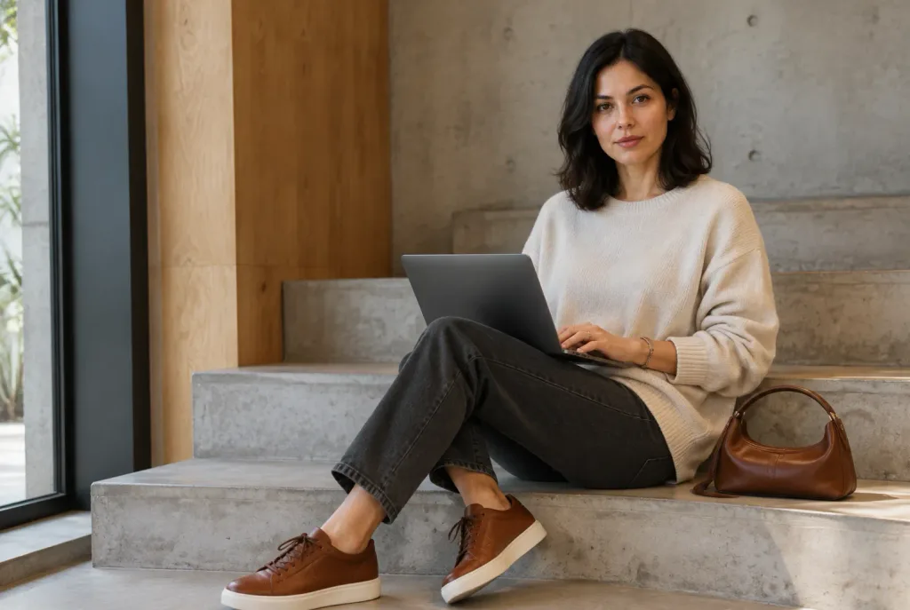 Woman on Concrete Loft Staircase with Laptop