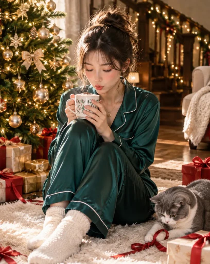 Cozy Christmas Morning Silk Pajama Portrait