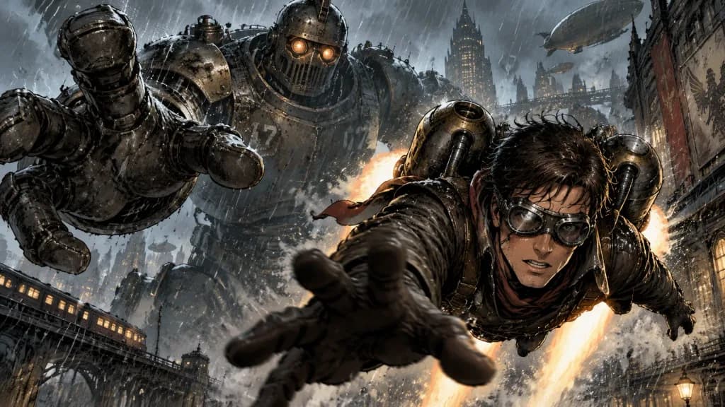 Dieselpunk Mech Chase in Rainy City