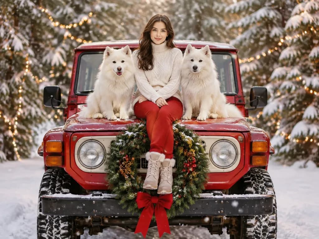Winter Christmas Portrait on Vintage Off-Roader