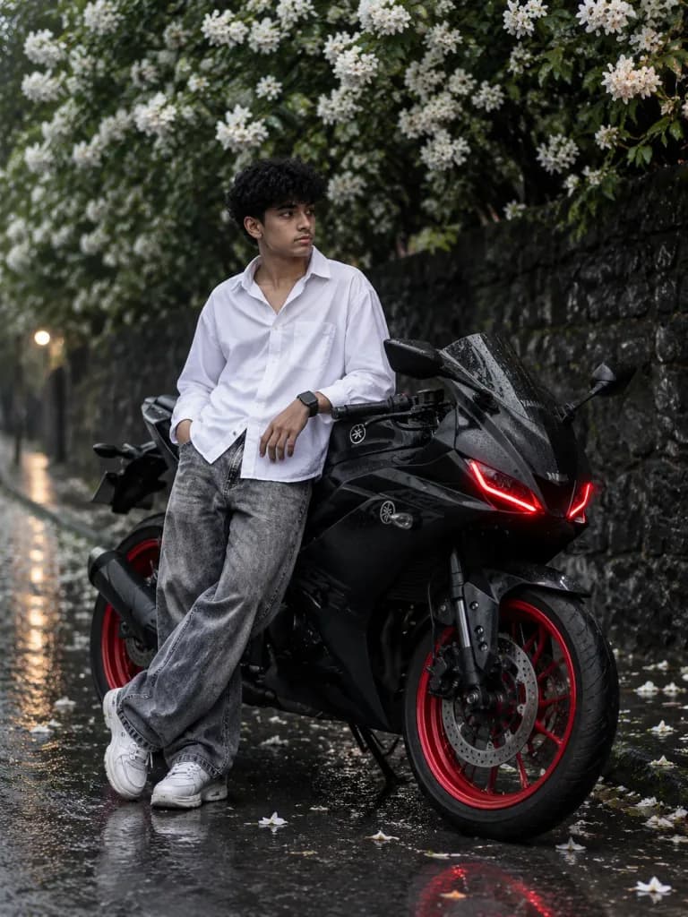Portret motocyklisty na deszczowej ulicy