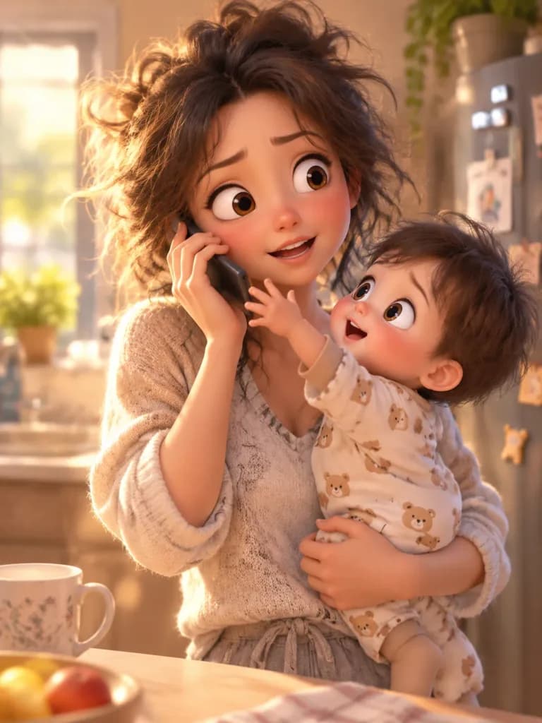 Stylized 3D Animated Mother and Baby