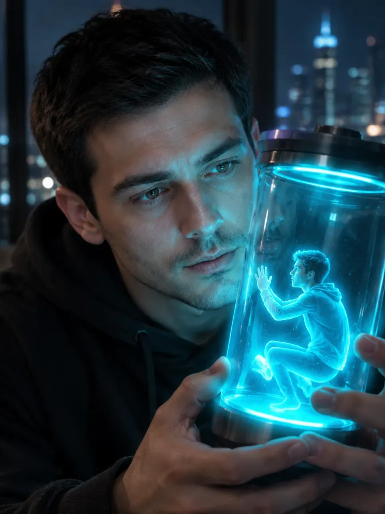 Man Holding Glowing Miniature Clone