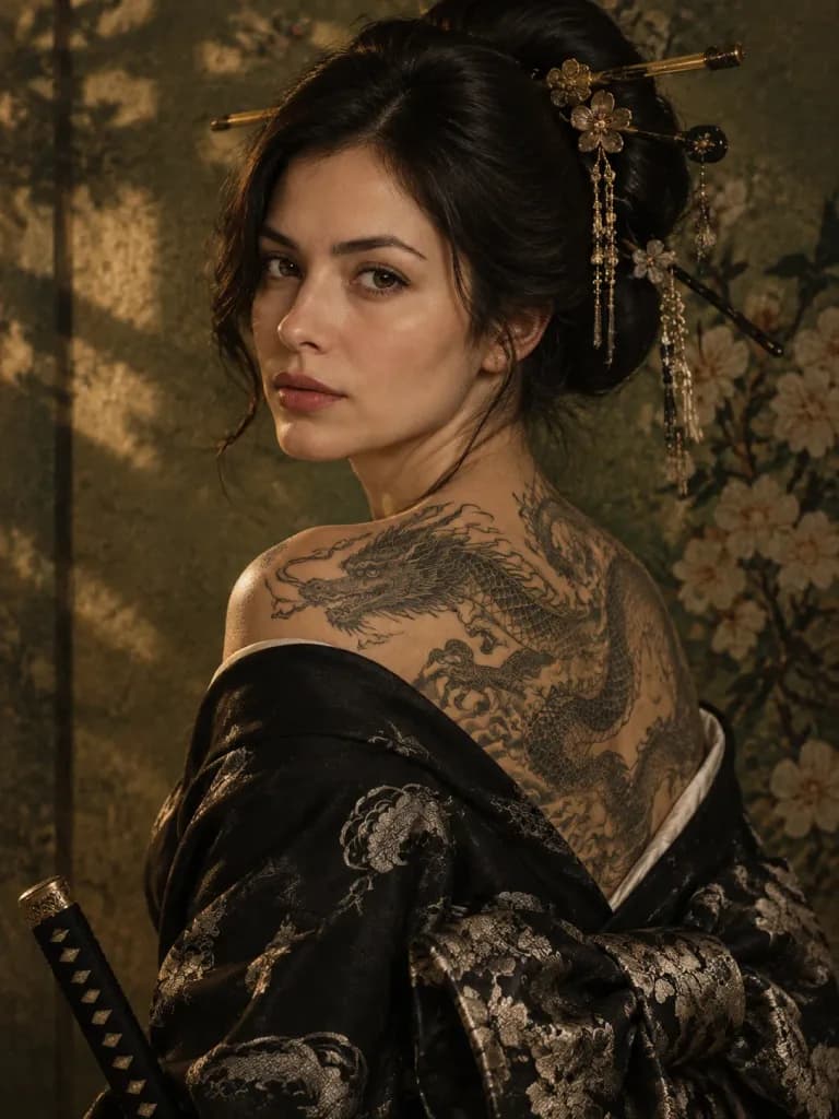 لوحة سينمائية لامرأة بالكيمونو ووشم التنين