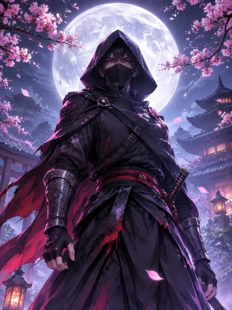 Hooded Ninja in Cherry Blossom Moonlight