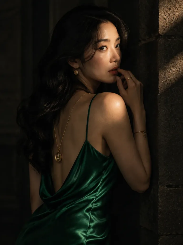 Chiaroscuro Emerald Silk Fashion Portrait