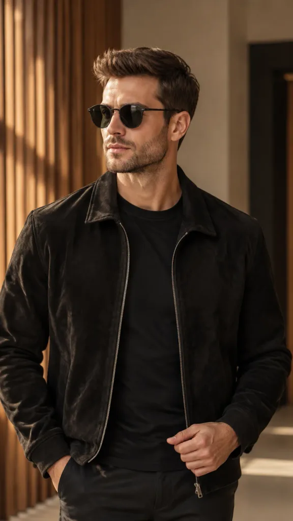 Herrenmode-Editorial in Schwarzer Wildlederjacke