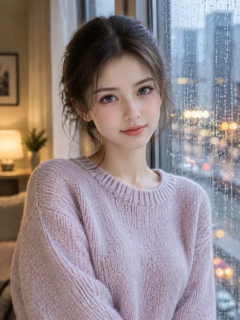 雨の窓辺のコージーポートレート