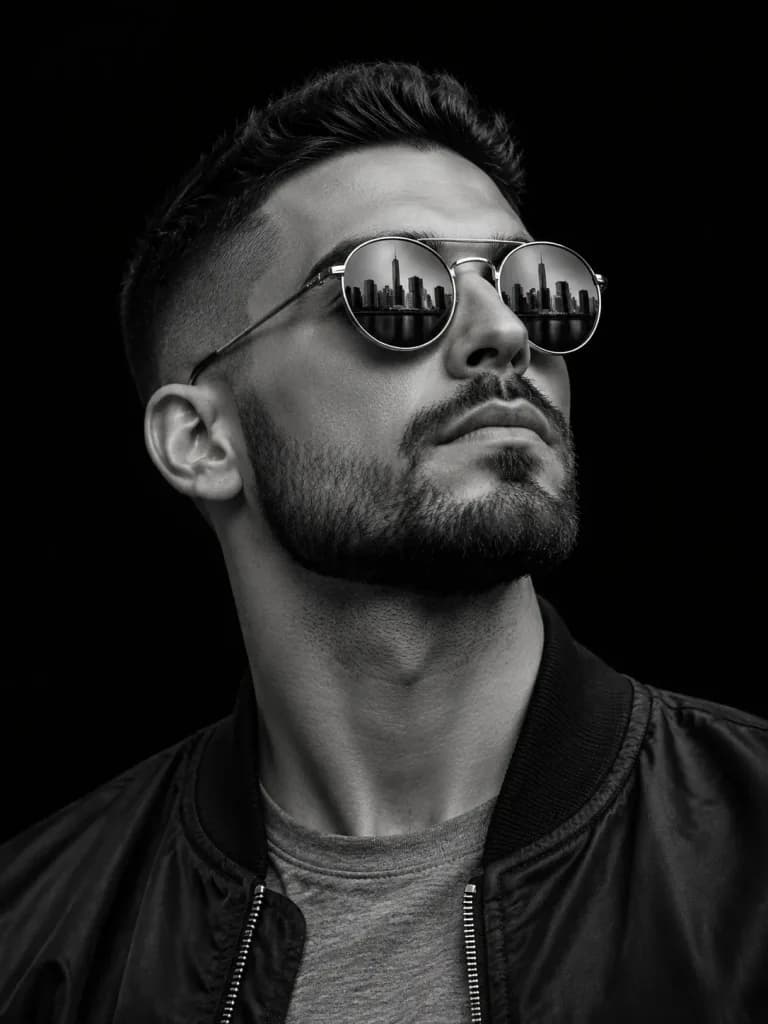 Black and White Sunglass Reflection Portrait