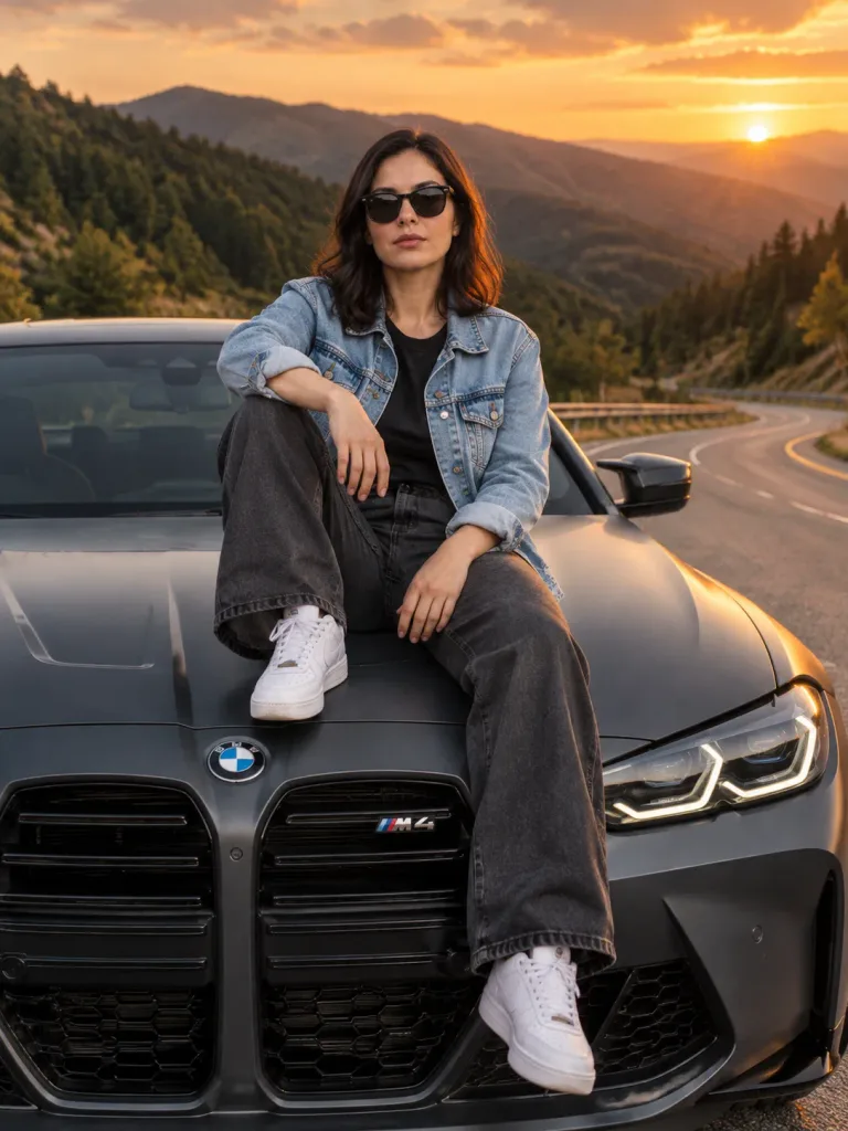 일몰 속 BMW M4 위의 여성 인물 사진