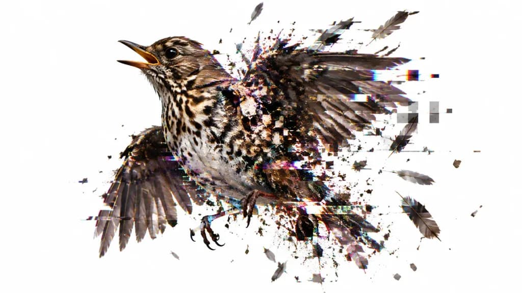 グリッチ崩壊する鳥のデジタルアート