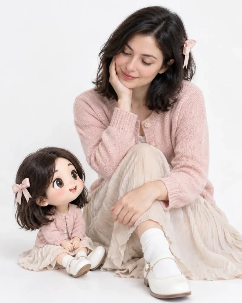 ちびキャラ人形と並ぶスタジオポートレート