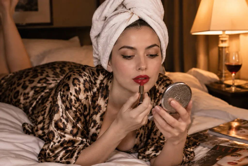Woman Applying Lipstick in Bed