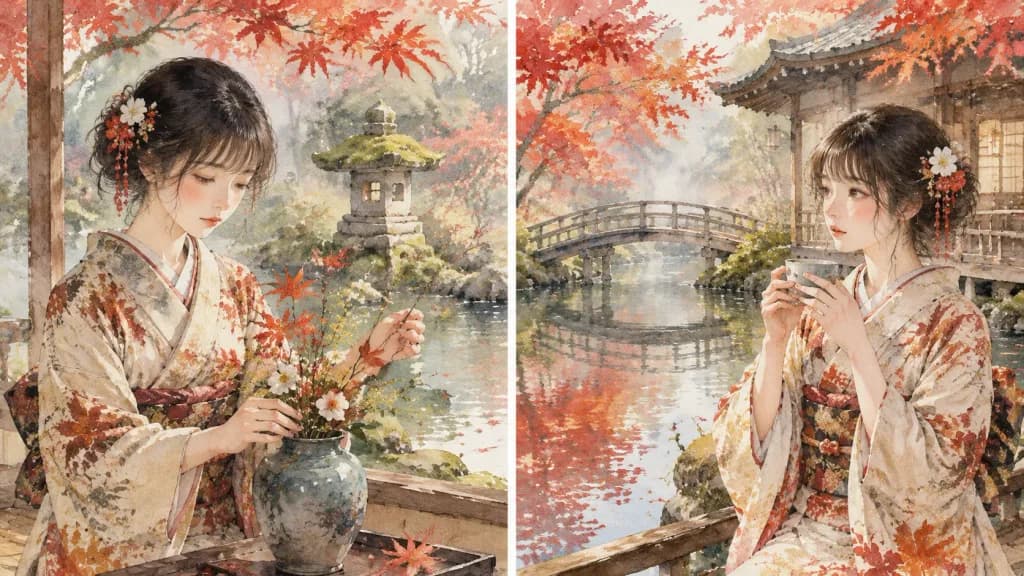 秋日庭園中的和服日本女性