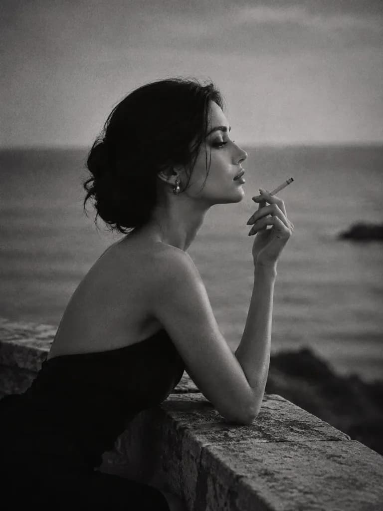 Cinematic Monochrome Seaside Profile Portrait