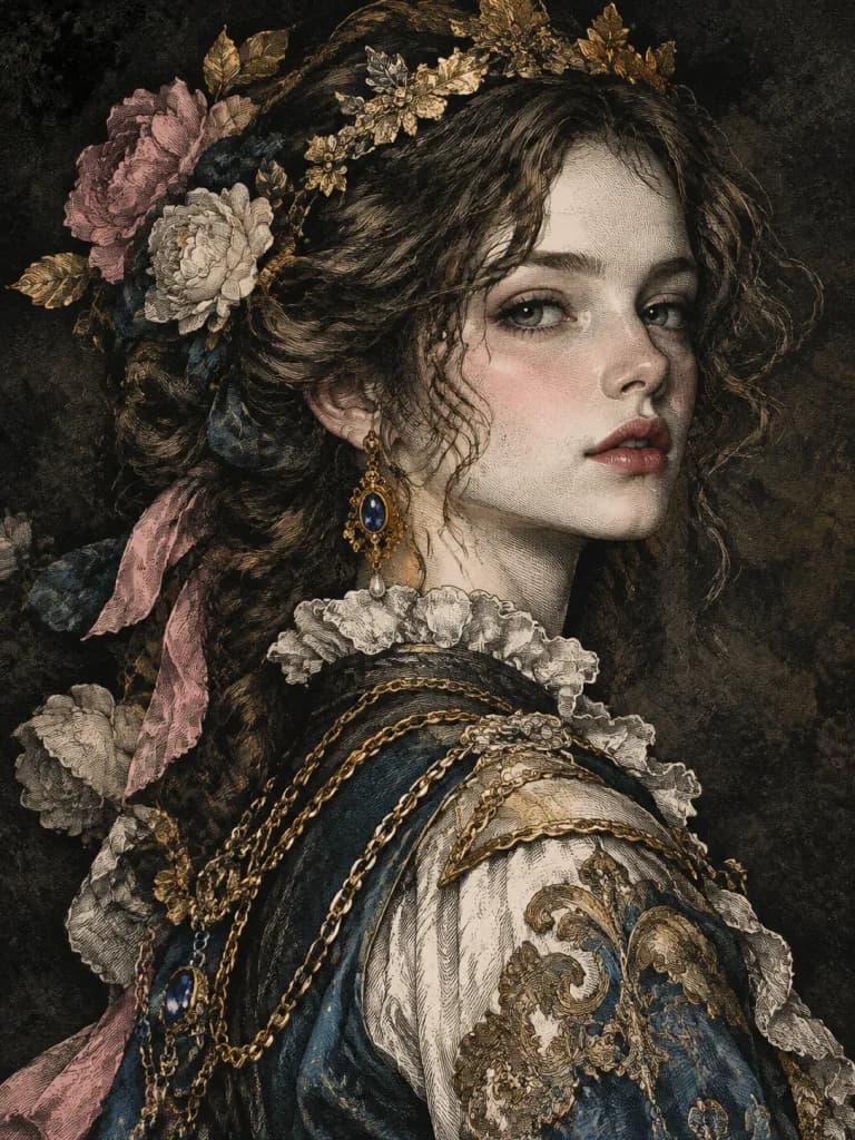 緻密な銅版画調の超現実主義ポートレートイラスト