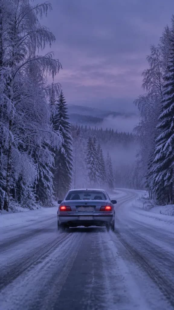 Solitary Car on Snowy Nordic Forest Road