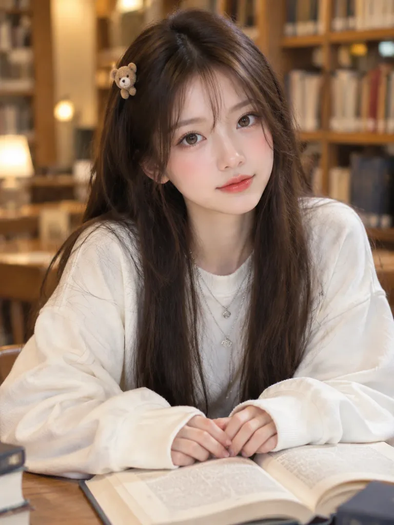 Korean Young Woman Library Portrait