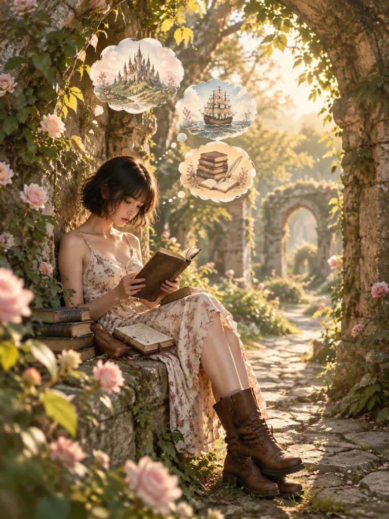 Vintage Reader in Blooming Garden Ruins