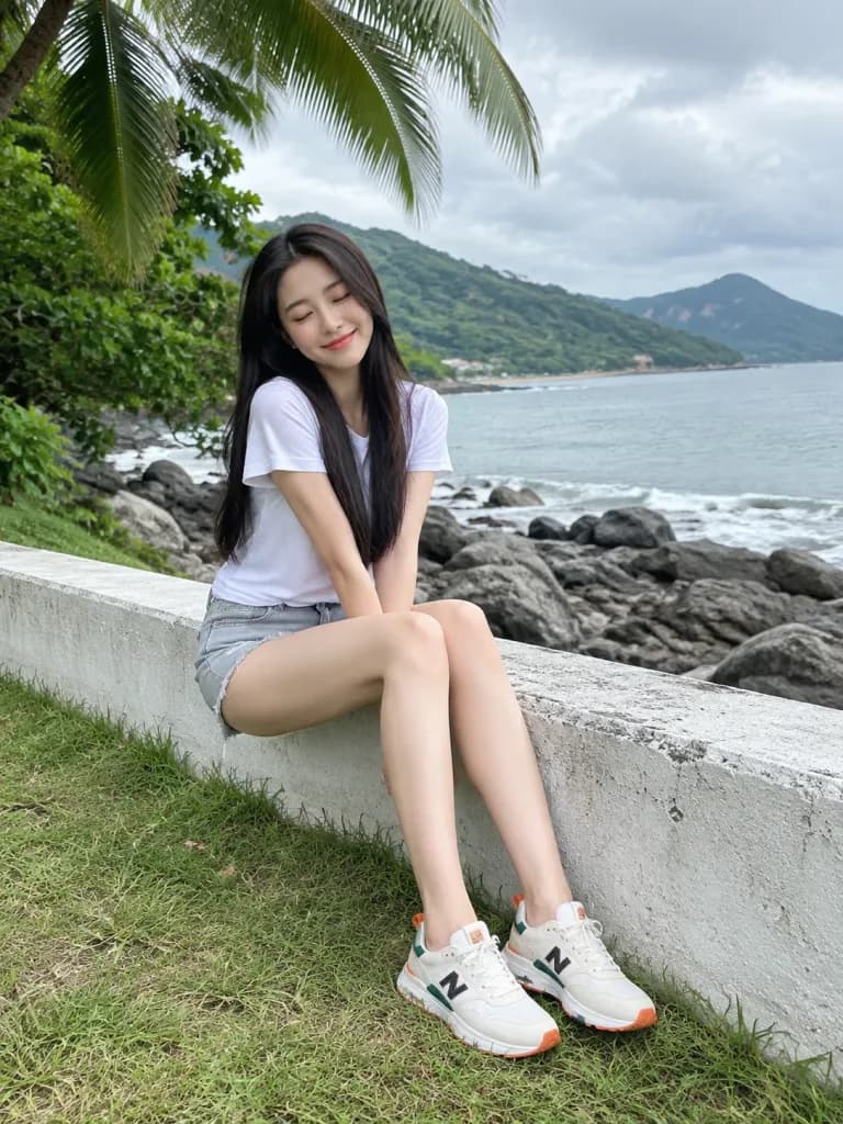 East Asian Woman Relaxing on Coastal Seawall