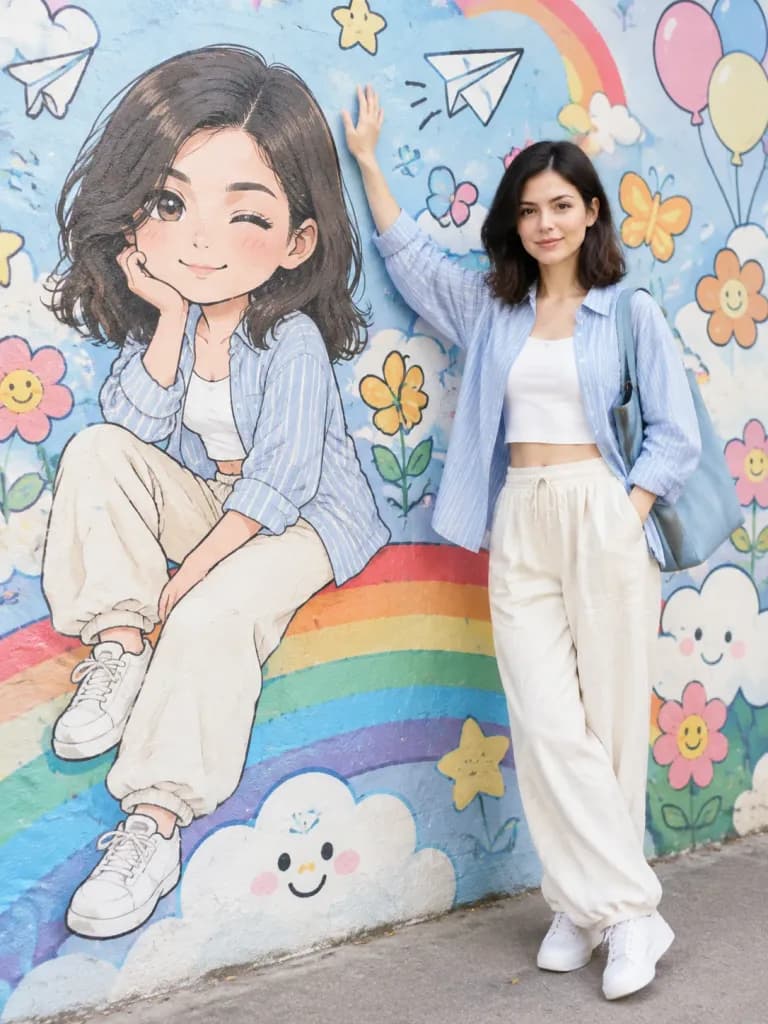 ちびキャラ壁画と並ぶストリートポートレート