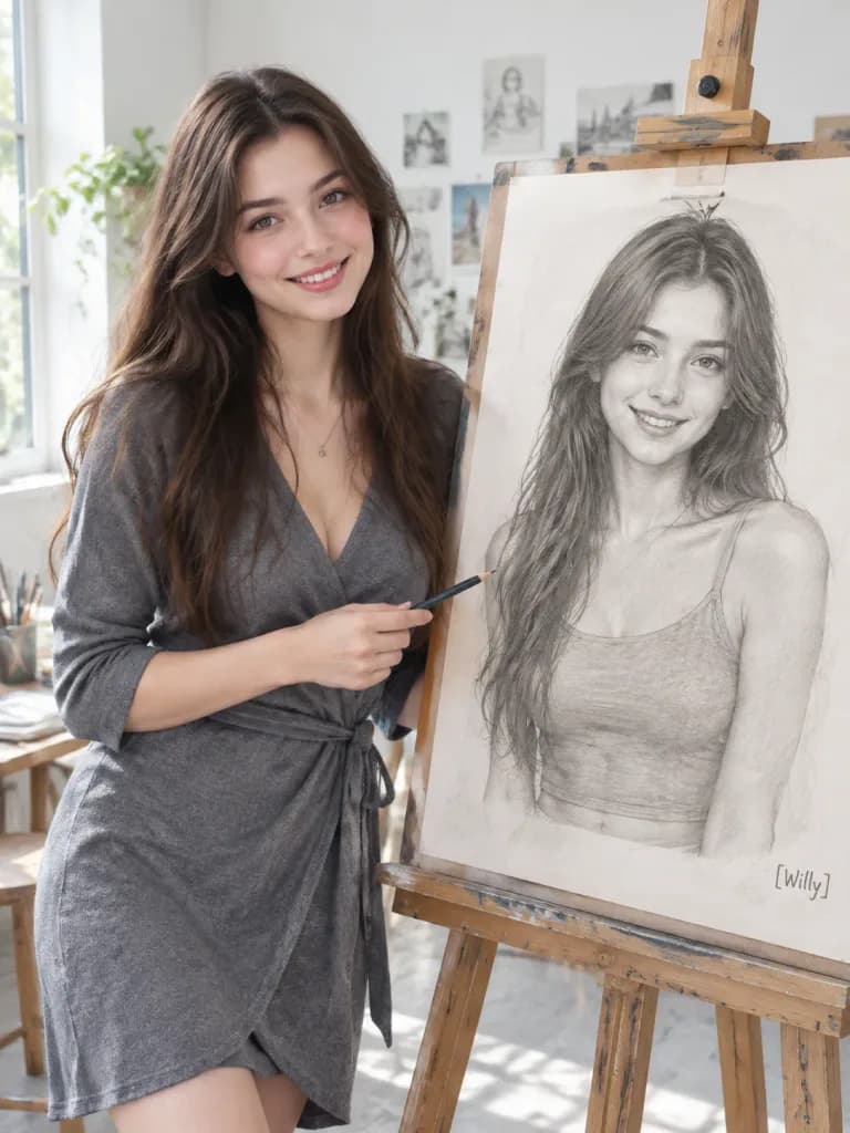 자신의 흑연 자화상 옆 여성 예술가