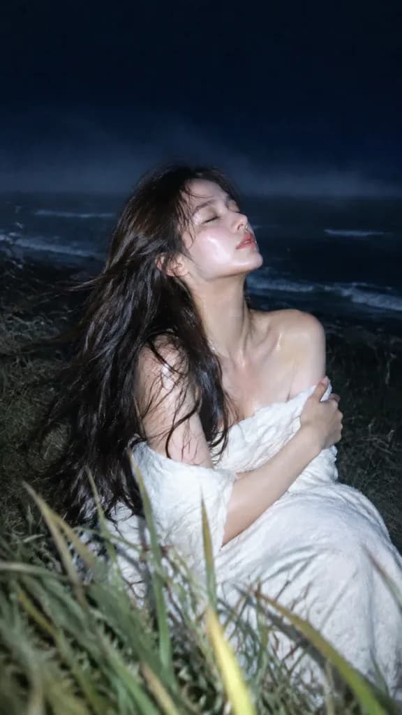 夜の海辺のブランケット直焚きフラッシュポートレート