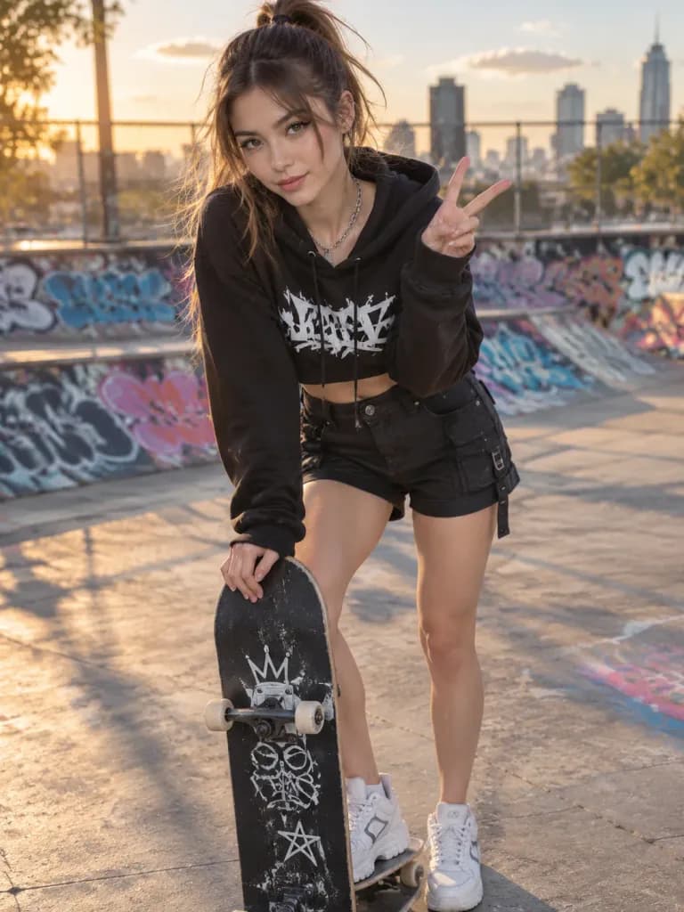黃金時刻街頭滑板少女