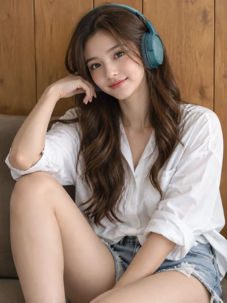 헤드폰을 쓴 실내 여성의 캐주얼 인물 사진