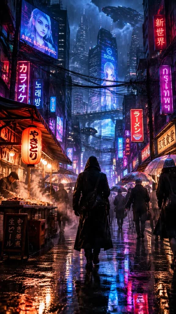 Futuristic Neon Night Market in Heavy Rain