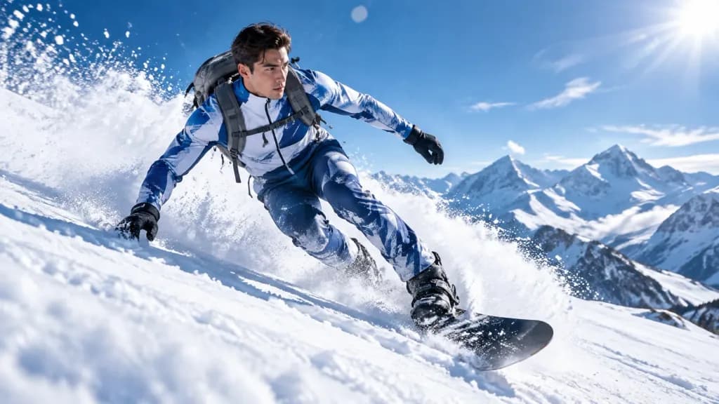 Action Shot of Snowboarder Carving Powder