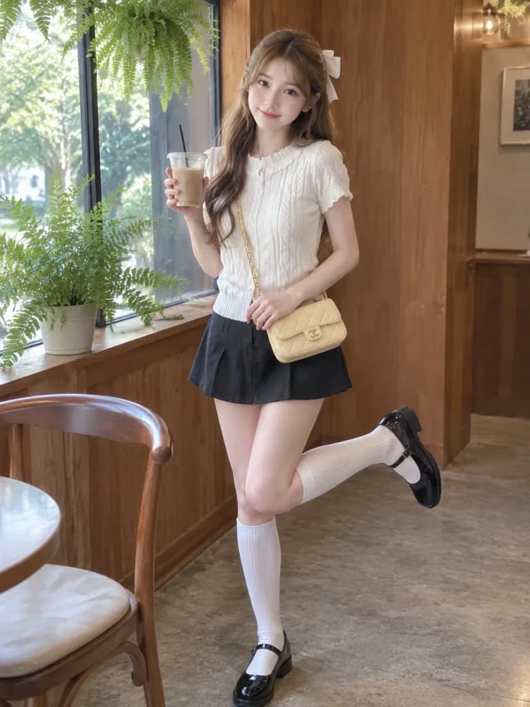 温もりあるカフェの東アジア女性ファッションポートレート