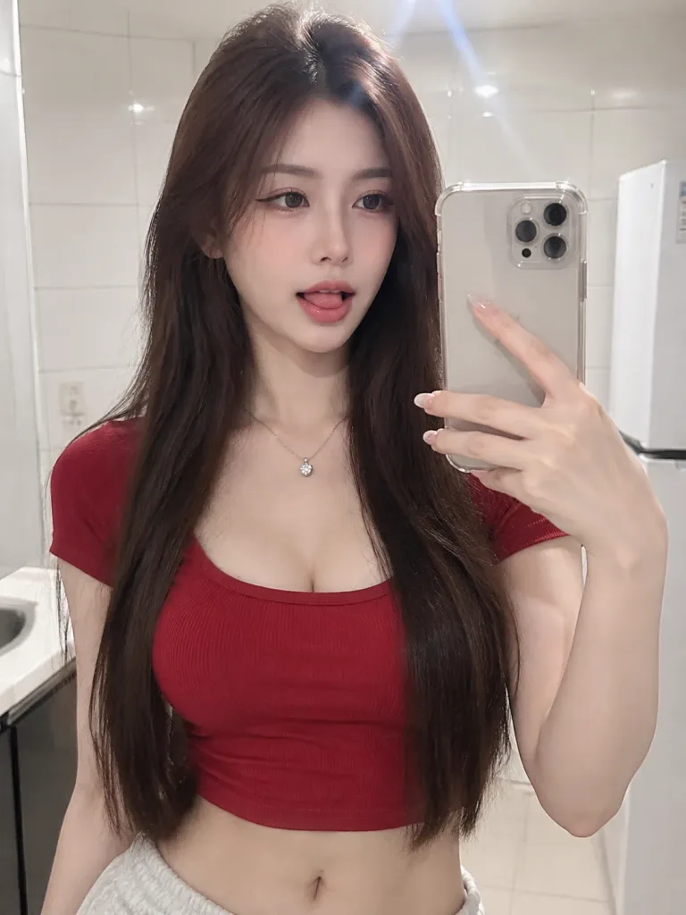 Playful Mirror Selfie of East Asian Woman