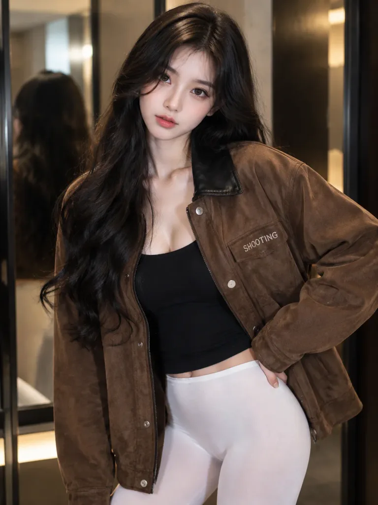 스웨이드 재킷을 입은 동아시아 여성 패션 포트레이트