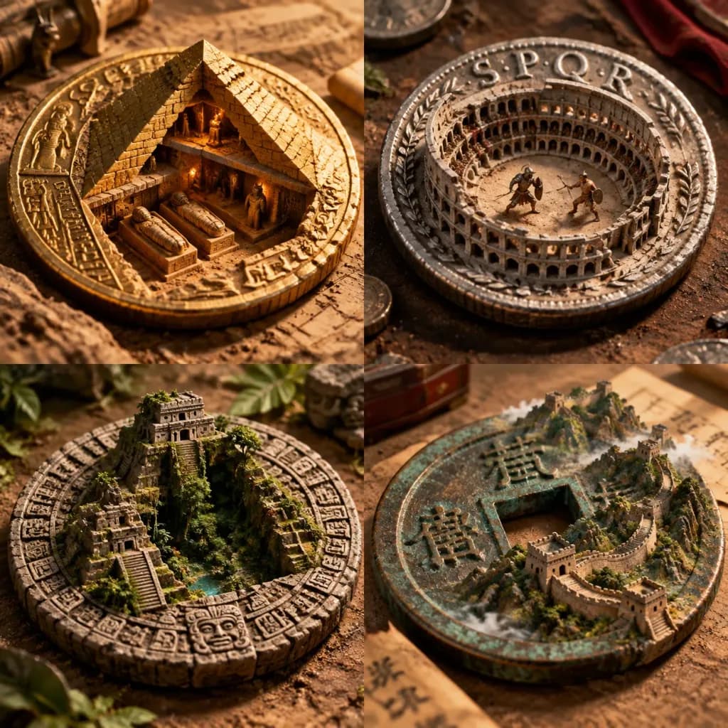 古代硬貨の建築ジオラマ風グリッド