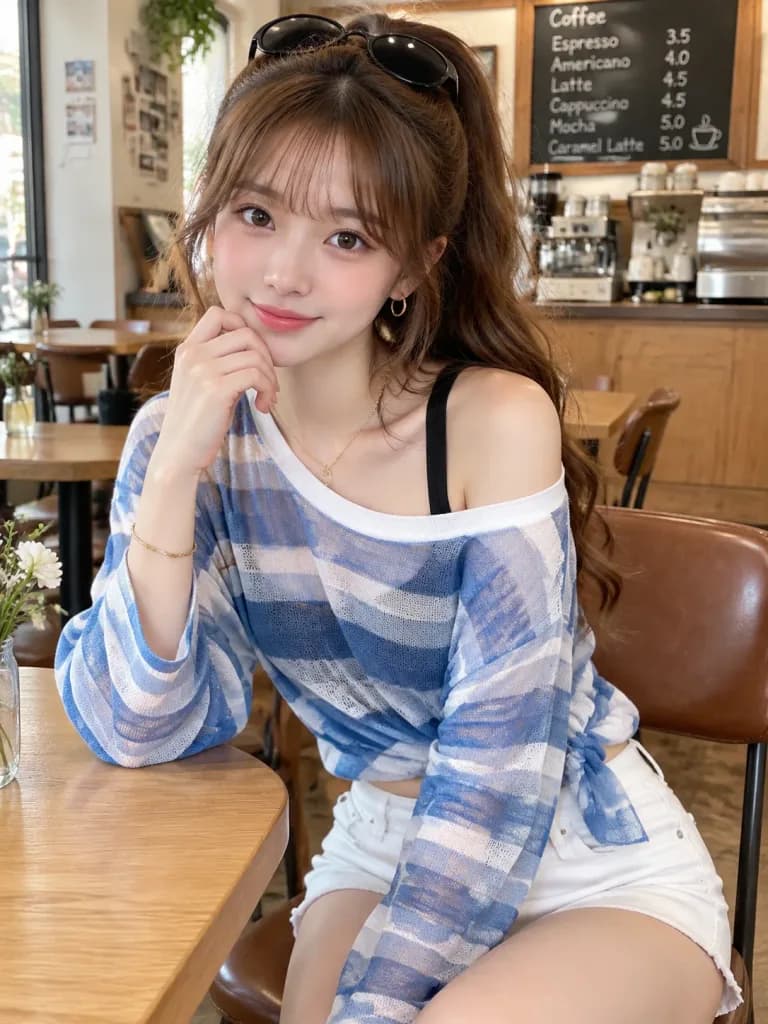 モダンカフェの東洋人女性