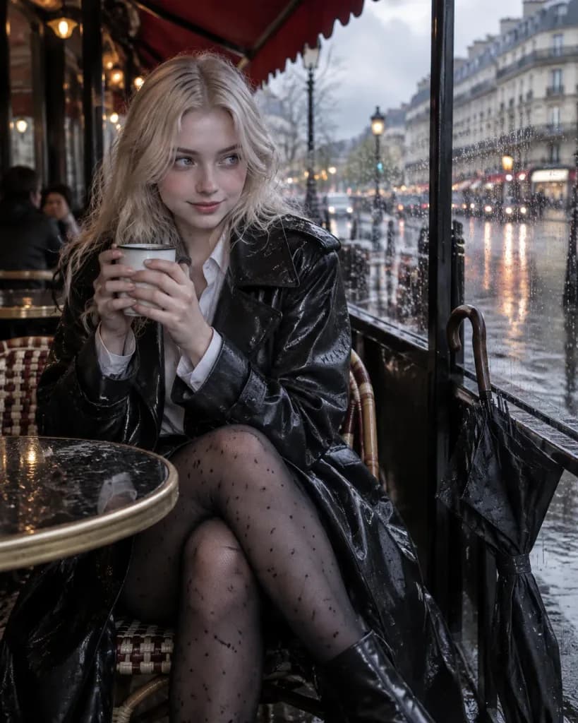 雨天巴黎咖啡馆的女子