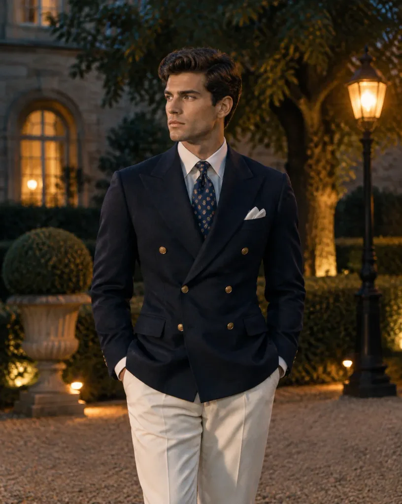 Twilight Courtyard Menswear Editorial Portrait