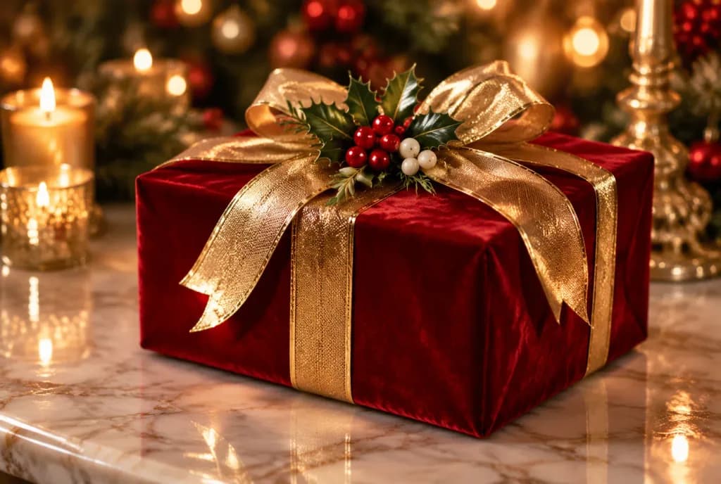 Red Velvet Christmas Gift Box on Marble
