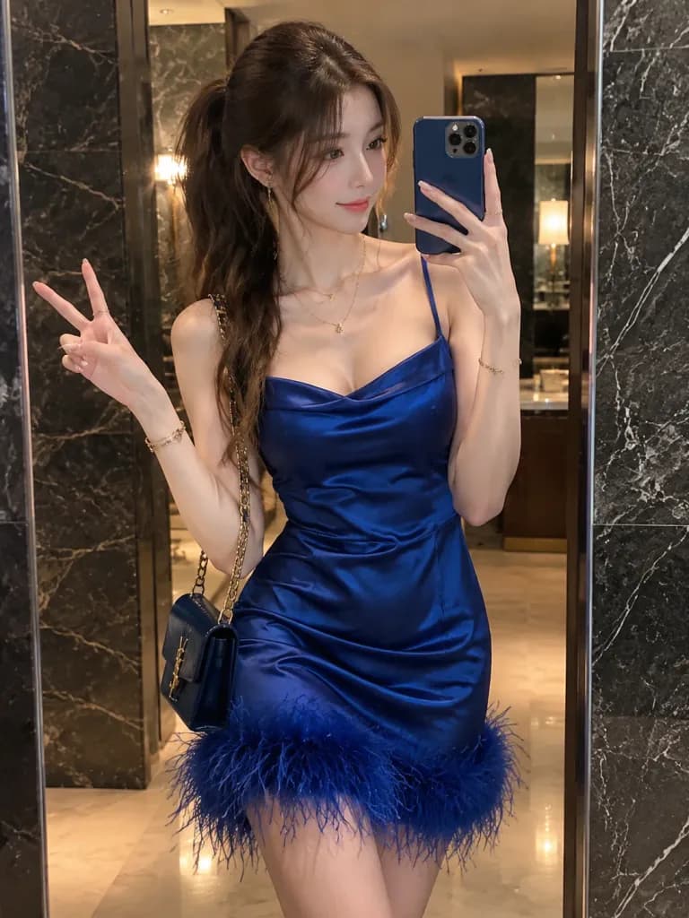 로열 블루 새틴 드레스 거울 셀카