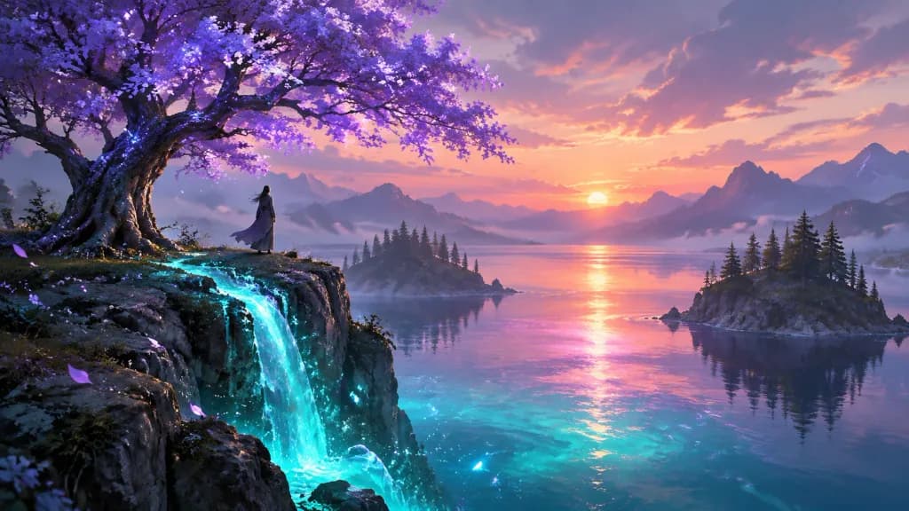 Surreal Sunset Cliff Overlooking Mountain Lake