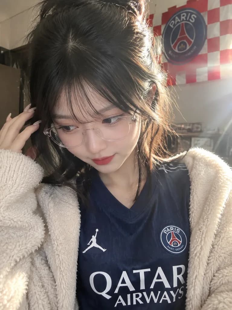 East Asian Woman PSG Jersey Selfie