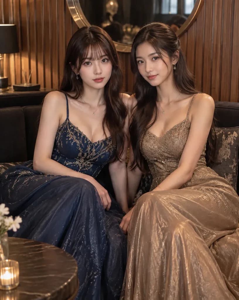 ภาพพอร์ตเทรตยามค่ำคืนของสองสาวในเลานจ์